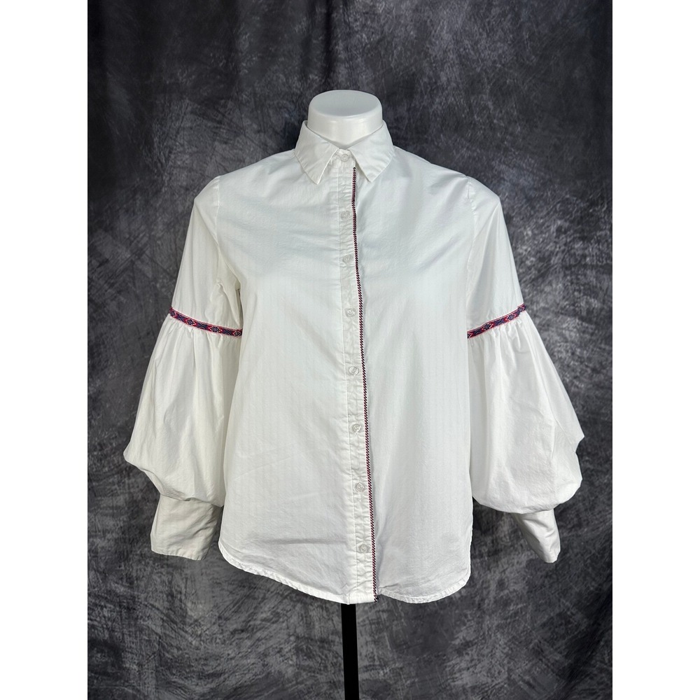 Tuckernuck Rochelle Behrens The Shirt Blouse Womens Small White Puff Sleeve